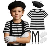 Mega_Jumble Kit d'artiste français Mime 5-13 ans | Béret noir, t-shirt, gants et bretelles blancs | Ensemble de déguisement d'Halloween pour la semaine du livre (taille S)
