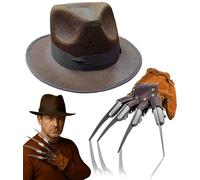 Mega_JumbleSale® Costume d'Halloween Nightmare on ELM Street pour adulte Gant Griffe Freddy Krueger Chapeau marron Carnaval Cosplay Horreur