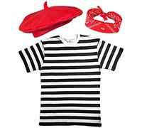 Mega_JumbleSale® Costume pour enfant - T-shirt à rayures, béret rouge et écharpe rouge - Déguisement de la Bastille française, Noir/rouge/blanc., 11-12 ans