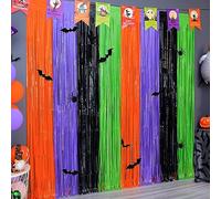 Mega-L Décorations de fête d'Halloween, lot de 4 rideaux à franges en aluminium avec chauves-souris, orange, violet, noir, vert, 4 x 2 m, fournitures de fête d'Halloween