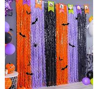 Mega-L Lot de 3 rideaux à franges en aluminium pour Halloween, accessoires de photomaton orange, violet, noir, 18 autocollants muraux en PVC chauve-souris et araignée, décoration murale pour