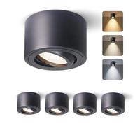 Mega lumen Plafonnier Spot Salle de Bain IP65 Saillie 5W 520lm 3CCT 4xSpots LED Plafond Aluminium Orientable Ø80x50mm Module Plafonnier LED for Cuisine Couloir Noir 230V IRC90+