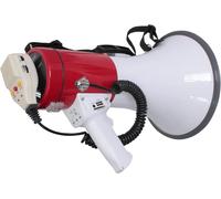 - Mega50usb - Mégaphone De 50w Rechargeable Avec Micro Amovible, Sirène, Usb, Sd, Aux, Contrôles Mp3, Poignée, Bandouillère Et Enregistrement De Message - Blanc & Rouge
