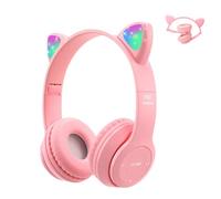 Megadream Casque sans fil pour enfants, casque Bluetooth supra-auriculaire avec microphone, casque pour enfants avec oreilles de chat et éclairage LED, carte TF/écouteurs pliables avec fil pour filles