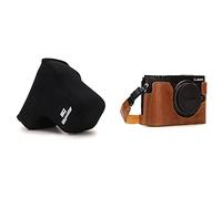 MegaGear MG1469 Étui en Néoprène Noir & MG1443 Panasonic Lumix DC-GX9 Ever Ready Demi Étui en Cuir Véritable avec Bandoulière - Marron Clair
