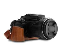 MegaGear MG1534 Nikon Coolpix P1000 Ever Ready - Demi Étui en Cuir avec Bandoulière - Marron foncé
