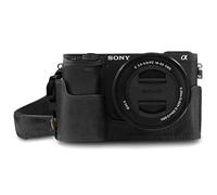 MegaGear MG1641 Ever Ready Demi Étui en Cuir Véritable avec Bandoulière Compatible avec Sony Alpha A6100, A6400 - Noir