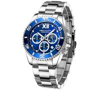 MEGALITH Montre Homme Acier Chronographe: Argent Bleu Analogique Quartz - Montre Bracelet Etanche Lumineuses Calendrier