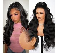 MEGALOOK Perruque Femme Naturelle13x6 HD Lace Front Wig Human Hair Upgraded Ear-To-Ear Frontal Glueless Wigs 12A Pre Plucked Pre-Bleached Pre-Cut Body Wave Drawstring Wig with Ear Tapes 24 Inch