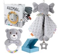 Megaser 3 PCS 3 Cadeau Bébé Nouveau-né Garçon et Fille, Couverture Doudou et Peluche + Livre Sensoriel Textures Douces + Hochet, Cadeau Bébé Nouveau-né 0 6 12 Mois Original (3 Jouets)