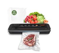 MEGAWISE A01 Machine à emballer sous vide 80 kPa pour aliments, mode sec et humide, design compact et léger, avec 40 sacs sous vide prédécoupés et tuyau sous vide (noir)