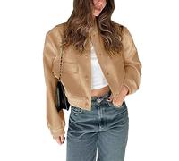 Megfie Blouson bomber court boutonné pour femme avec poches, marron, S