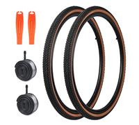 MEGHNA Lot de 2 pneus de vélo 24/26 x 1,5" + 2 chambres à air AV35 mm + 2 démonte-pneus pour VTT, vélo de route, vélo pliant (mur marron, 26 x 1,5")