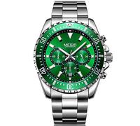 Megir chronographe en Acier Montres à Quartz pour Business pour Homme Étanche Lumineux Chronomètre Vert