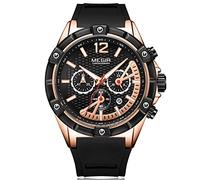 MEGIR Montre Homme de Luxe Or Rose XL Grand Cadran - Bracelet Silicone Noir - Aiguilles Lumineuses - Militaire Chronographe et Imperméable