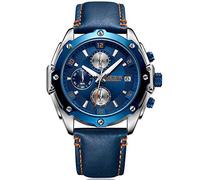 MEGIR Montre Homme Décontracté Analogique Quartz Bracelet en Cuir Bleu Cadran Bleu Chronographe et etanche Business Style Casual Luxe Montres