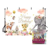MEHOFOND 2,1x1,5 m Toile de Fond pour Anniversaire de Fille Motif Animal de la forêt Rose Pastel Fond Photographique Floral Cloud Bannière de fête pour Enfants Cadeaux gâteaux décoration Fournitures