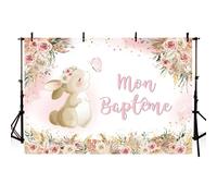 MEHOFOND 2,1x1,5m Fond de Baptême de Fille Lapin Bohème Fleurs Pastel Étoiles - Décoration Photographique Bannière Photo Prop