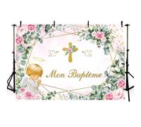 MEHOFOND 2,1x1,5m Fond de baptême de Fille Mon eucharistie Rose Floral Vert Plant Photographie de Fond Enfants baptême Partie décoration bannière