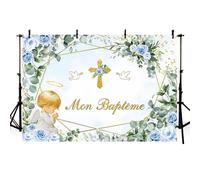 MEHOFOND 2,1x1,5m Fond de baptême de garçon Mon eucharistie Rose Floral Vert Plante Fond de Photographie bannière de décoration de fête de baptême d'enfant