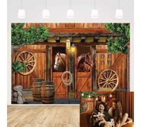MEHOFOND 7x5ft Western Cowboy Toile de Fond Cheval Foin Studio Portrait Photographie Fond Décor Vinyle Rustique Bois Vert Arbres Décorations De Douche Bébé Joyeux Anniversaire Fête Photo Props Cowgirl