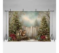MEHOFOND Fond de Noël de 2,1 x 1,5 m, arbre de Noël, forêt, fée, écureuil, clôture, vintage, peinture à l'huile, fond de photographie, arrière-plan pour fête de famille, enfants, portrait, décoration