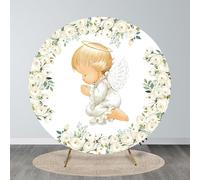 MEHOFOND Fond rond de 2 m de diamètre pour baptême Motif ange fleurs blanches Ma première communion Photographie Bannière Accessoires (cabine non incluse)