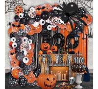 MEHOFOND Kit de 118 guirlandes d'arche de ballons d'Halloween avec rideau à franges orange et noir - Toile de fond pour décoration de fête d'Halloween - Ballon araignée - Accessoire de photomaton