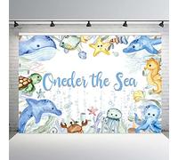 MEHOFOND Oneder Toile de Fond pour Premier Anniversaire sous la mer « Happy Birthday » sur Le thème de l'océan pour garçons, décorations de fête d'anniversaire, Accessoires de photomaton 2,1 x 1,5 m