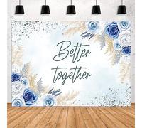 MEHOFOND Toile de fond « Better Together » de 3 x 2,1 m - Décoration de fête de mariage - Bannière bohème - Bleu et blanc - Motif floral - Herbe de la pampa - Pour photographie de gâteau - Fournitures