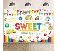 MEHOFOND Toile de fond blanche de 2,1 x 1,5 m pour la rentrée scolaire avec inscription It's Going to Be A Sweet School Year - Décoration de salle de annière de bienvenue à la maternelle -