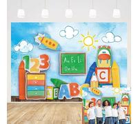 MEHOFOND Toile de fond bleu ciel blanc nuage ABC tableau noir Fête scolaire bannière attention jardin d'enfants Here I Come Cake Smash décor studio photo