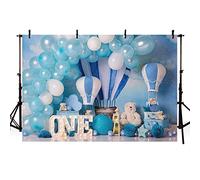 MEHOFOND Toile de fond bleue pour 1er anniversaire de garçon - 2,4 x 1,8 m - Ballons montgolfières - Ours - Aventure pour bébé - Accessoire photo - Décoration de fête - Fournitures de studio