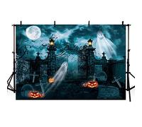 MEHOFOND Toile de fond bleue pour photographie sur le thème d'Halloween 3 x 2,1m Motif fantôme Citrouille fête d'anniversaire Bannière familiale Décorations de papier peint Fournitures de studio photo