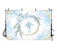MEHOFOND Toile de fond bleue pour première communion, baptême, 2,1 x 1,5 m, motif floral bleu pastel, bannière pour fête prénatale, séance photo, accessoires de studio