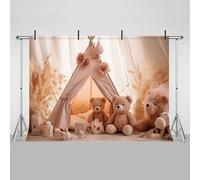 MEHOFOND Toile de fond bohème de 2,1 x 1,5 m pour photographie, herbe de la pampa, fleurs, tente, ours, décoration pour photo, fête d'anniversaire, gâteau, studio