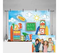 MEHOFOND Toile de fond de 2,4 x 1,8 m pour la rentrée des classes Bleu ciel blanc nuage ABC Tableau noir pour enfant Fête scolaire Photographie Bannière Watch Out Kindergarten Here I Come Cake Smash