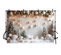 MEHOFOND Toile de fond de Noël 3 x 2,1 m - Blanc neige - Arbre de Noël - Boule lumineuse - Guirlande lumineuse - Portrait - Photo de famille - Décoration de table à manger - Bannière - Accessoires de