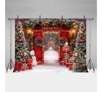 MEHOFOND Toile de fond de Noël 3 x 2,1 m - Forêt d'hiver - Porte de grange en bois - Pôle Nord - Fond pour photographie - Arbre de Noël enneigé - Bannière de fête de famille - Accessoires de studio
