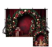 MEHOFOND Toile de fond de Noël de 2,1 x 1,5 m, arche verte et nœud rouge, cadeau d'arbre de Noël, arrière-plan de photographie pour adultes et enfants, portrait, décoration de fête, bannière