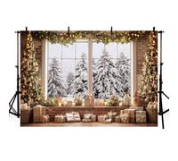 MEHOFOND Toile de Fond de Noël de 2,4 x 1,8 m pour Photographie, Paysage d'hiver, Mur de Brique, fenêtre, guirlandes Lumineuses, arrière-Plan Adulte, Enfant, Portrait, décoration de fête, bannière