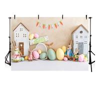 MEHOFOND Toile de fond de Pâques de 2,1 x 1,5 m pour photographie, lapins de printemps, jouets en bois, œufs colorés, arrière-plan de maison en bois pour adultes et enfants, portrait, fête prénatale,