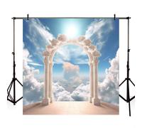 MEHOFOND Toile de fond de porte vers le ciel pour photographie - 2,4 x 2,4 m - Porte blanche - Ciel bleu - Pour adulte et enfant - Portrait de baptême funéraire - Décoration d'église - Bannière