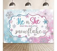 MEHOFOND Toile de fond d'hiver 2,1 x 1,5 m Motif flocon de neige Inscription « He or She What Will Our Little Snowflake Be » Bleu Rose Wonderland Décoration de fête prénatale Décoration de gâteau