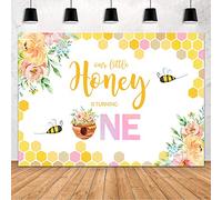 Mehofond Toile de fond en vinyle pour 1er anniversaire Motif abeille Inscription Our Little Honey is Turning One Baby Bee First Birthday 2,1 x 1,5 m