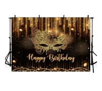 MEHOFOND Toile de fond « Happy Birthday » de 2,1 x 1,5 m, masque de mascarade, bijoux, décorations de fête, bannière, bannière de danse, noir et doré à paillettes pour fête d'anniversaire, accessoires