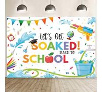 MEHOFOND Toile de fond « Let's Get Soaked Back to School » de 2,1 x 1,5 m pour photographie de rentrée scolaire, avec pistolet à eau, décoration pour enfants, premier jour d'école, bannière,