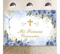MEHOFOND Toile de fond Mi Primera Comunión Bleu pastel 2,1 x 1,5 m pour photographie Mi Bautizo avec perles florales pour première communion Décorations de fête Croix Pigeon Dieu bénédiction Bannière