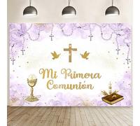 MEHOFOND Toile de fond Mi Primera Comunión de 2,1 x 1,5 m pour baptême - Violet pastel - Dieu bénédiction - Colombes dorées - Paillettes dorées - Décoration pour première communion