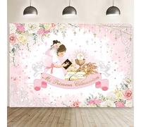 MEHOFOND Toile de fond Mi Primera Comunión de 2,1 x 1,5 m pour fille, motif floral rose pastel, première communion, pour photographie, arrière-plan rose Mi Bautizo Baptême Dieu bénédiction calice